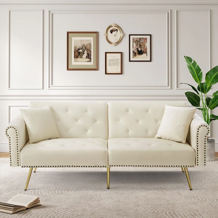 Schlafsofa mit unabhängig verstellbarer Doppel-Rückenlehne, eleganter Samtstoff, vergoldete Metallfüße,mit 3-facher Rückenverstellung – Bild 2
