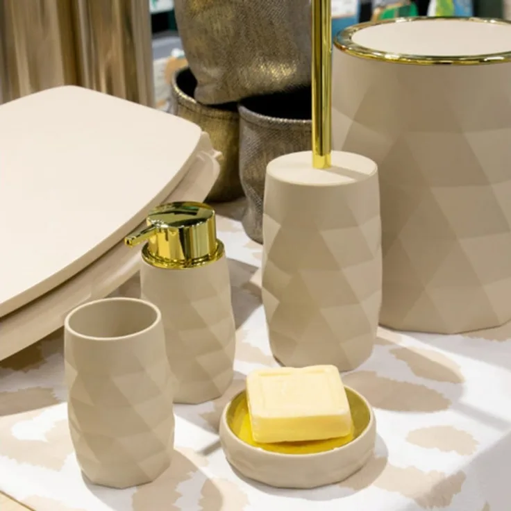 LikeKa Badaccessoire-Set Goldeffekt Seifenspender Toilettenbürste Seifenschale Kosmetikeimer