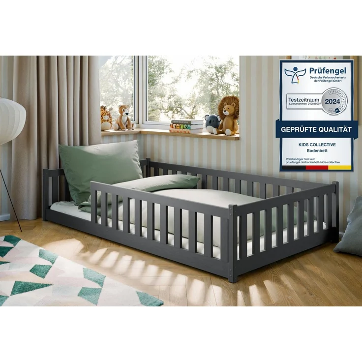 Kids Collective Kinderbett Bodenbett Bett mit Rausfallschutz & Lattenrost Montessori Bett Kinder (Jungen, Mädchen, Kinder, weitere Größen 80x160, 80x180, 90x190, 90x200, 140x200 cm), Jugendbett Einzelbett Graphit Kiefer 120x200 cm – Bild 1
