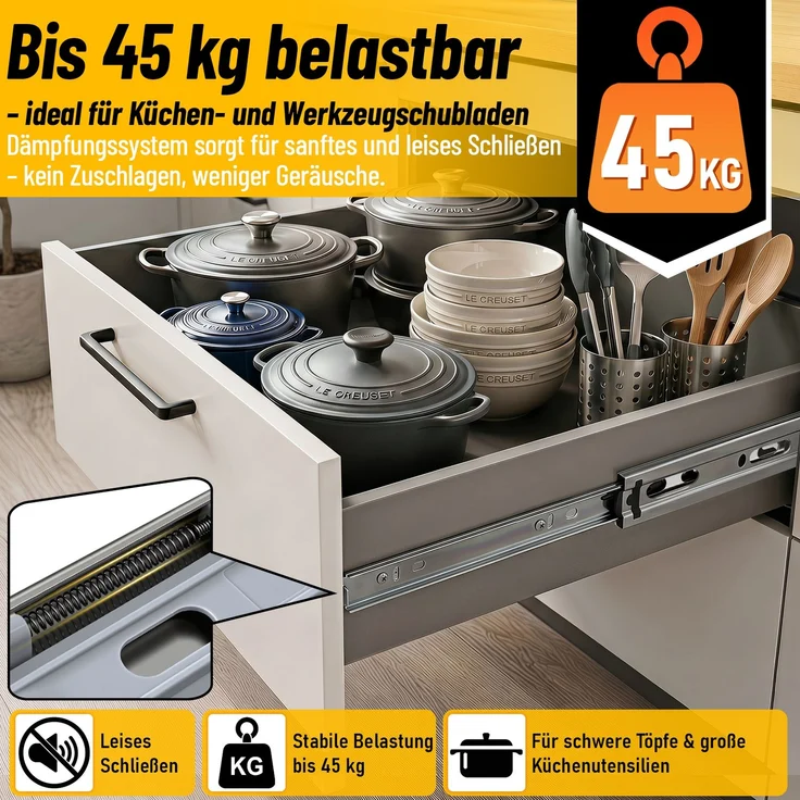 Eikuavons 3 Paar Schubladenschienen 400 mm Vollauszug, 3-teilig, Softclose mit Selbsteinzug, 45 kg Tragkraft, Schubladenauszug aus Stahl, kaltgewalzter Stahl, Silber – Bild 6