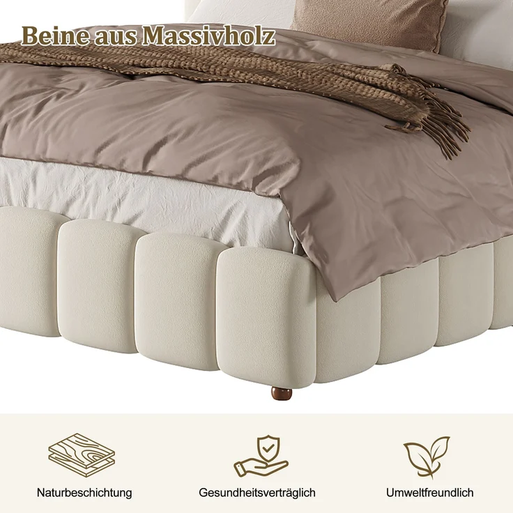 Merax Polsterbett, Doppelbett, 200*200cm, Bett mit Lattenrost und gepolstertes Kopfteil, Beine aus Massivholz, beige, samt – Bild 6