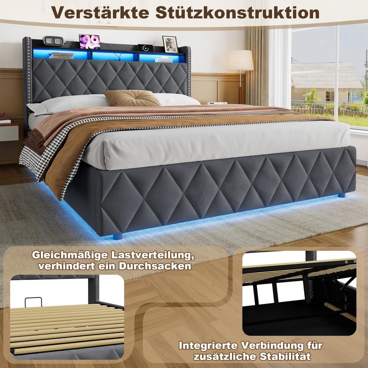 Einzelbett 140x200 cm mit LED-Beleuchtung, Ladefunktion und hydraulischem Stauraum – Ohne Matratze – Bild 8