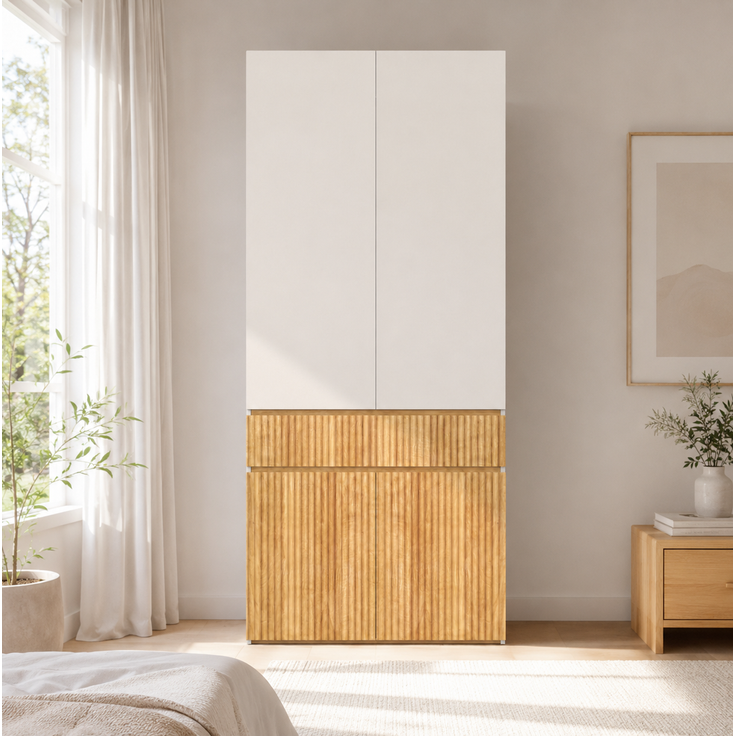Kleiderschrank mit Kleiderstange & Schublade, 90x50x200 cm, Helle Eiche/Grau