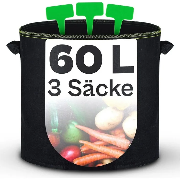 Praknu Pflanzkübel Pflanzsack 60l - 3 STK aus Vliesstoff mit 3 Schilder zum Beschriften (3er Set, 3 St), mit Griff - Für Gemüse, Pflanzen & Blumen - Stofftöpfe - Grow Töpfe