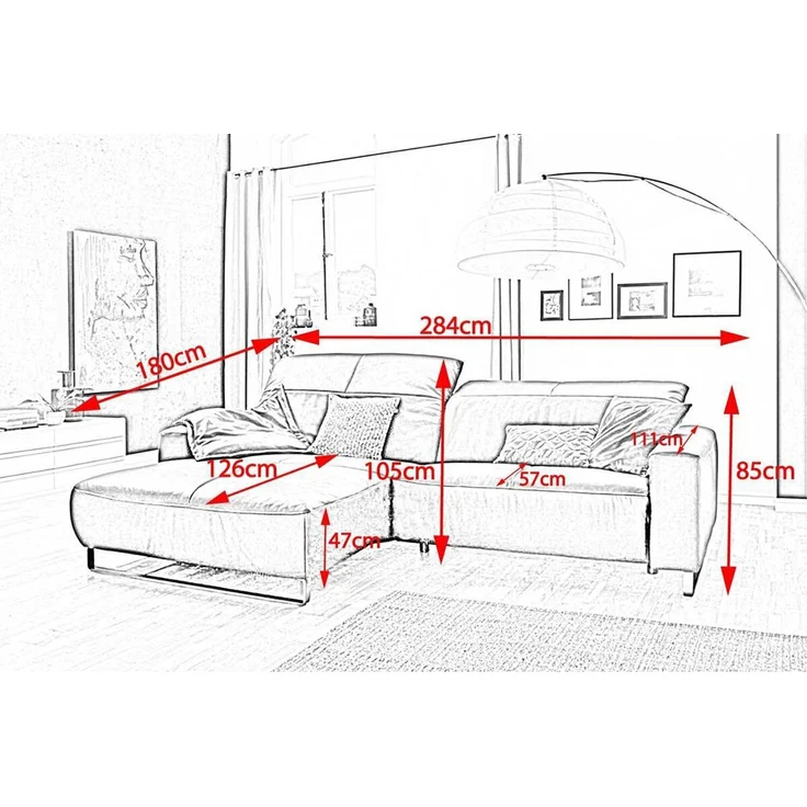 KAWOLA Sofa YORK Leder Life-line light-grey Rec links Fuß Metall Chrom matt mit Sitztiefenverstellung 85 x 111 x 284 cm – Bild 3