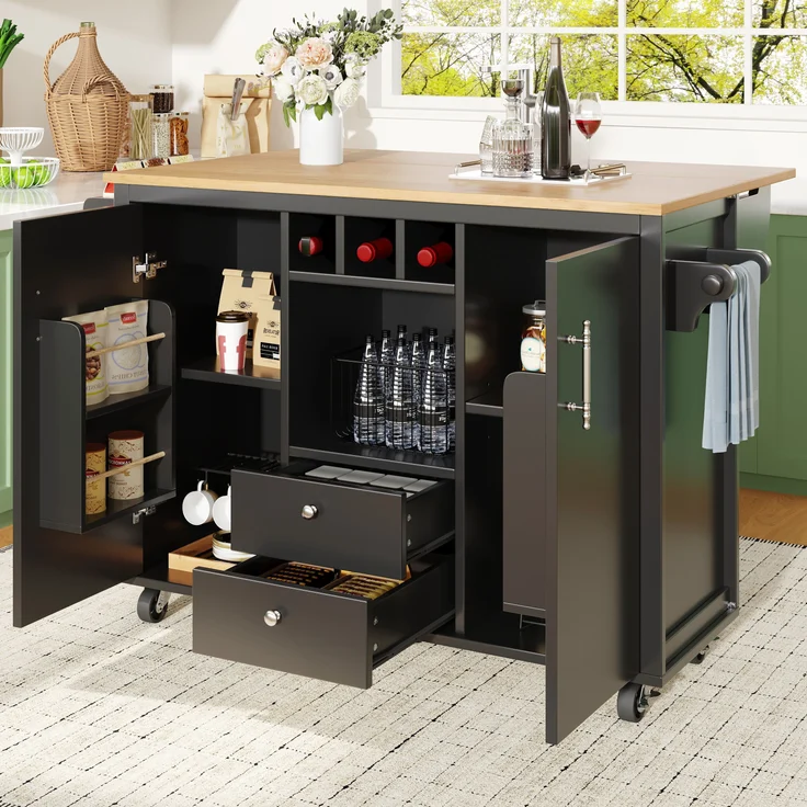 Kücheninsel mit Stauraum und klappbarer Arbeitsplatte, Küchenwagen mit Schubladen, Doppeltüren, Weinregal, Handtuch- & Gewürzhalter, 92.2cmx137.9cmx45-73cm, Schwarz – Bild 3