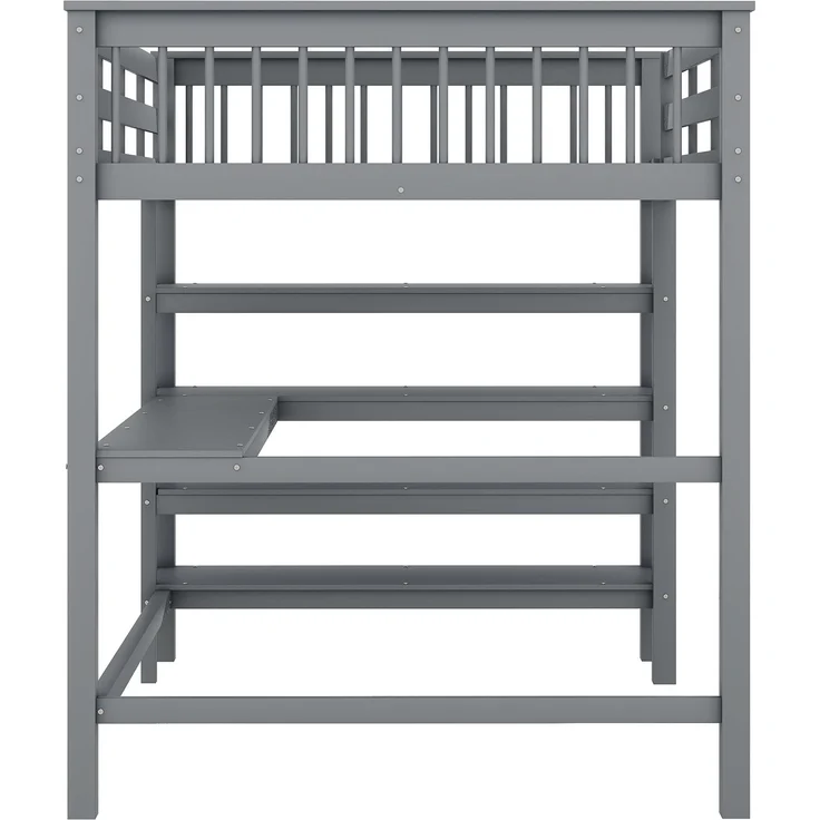 Hochbett 140x200 cm Kinderhochbett mit Schreibtisch, Ablagefächern, Kiefernholz + MDF, Grau, sichere Leiter – Bild 10