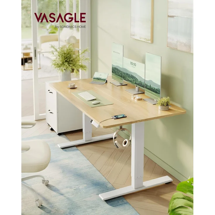 VASAGLE Höhenverstellbarer Schreibtisch, 140x80 cm, USB-C-Anschluss, Ablage für Steckdosenleiste, Stehtisch, Erinnerung bei langem Sitzen, 3 Speichertasten, für Büro, goldeichenfarben LSD144YA02 – Bild 2