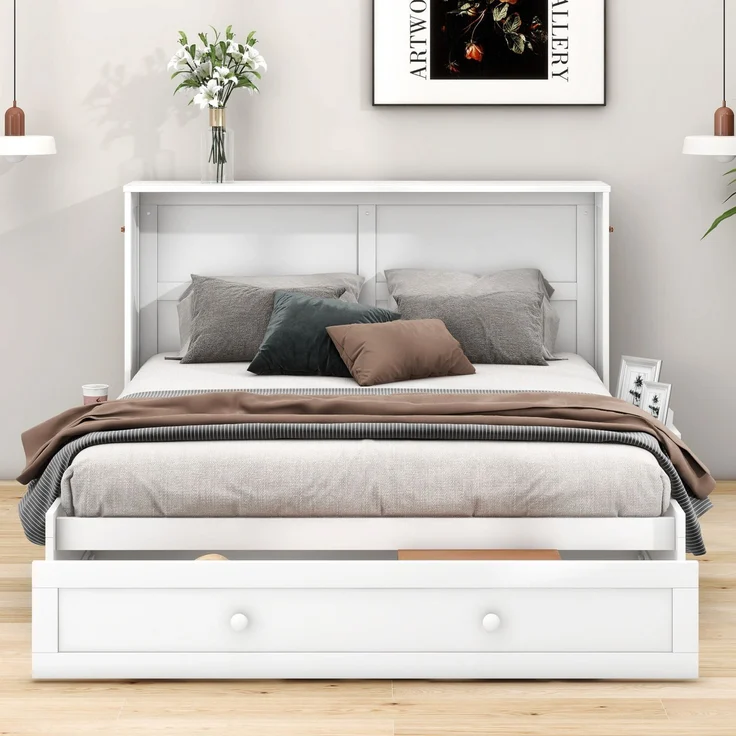 CHICFURN Bett aus Kiefernholz und MDF Weiß 140x200 cm, klappbar mit Schublade und Regalen – Bild 4