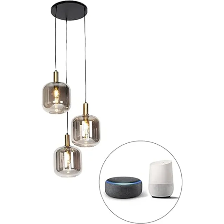 Qazqa Zuzanna Smarte Hängelampe, 3-flammig, dimmbar, schwarz mit Rauchglas, E27, geeignet für Wohnzimmer und Schlafzimmer – Bild 2