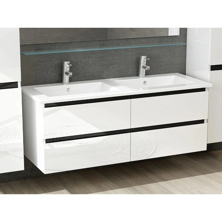 Homeline Badmöbel Set Hochglanz mit Schubladen Glas ablage (Dennis Weiss, 120 cm Doppelbecken 2X Hochschrank) – Bild 3