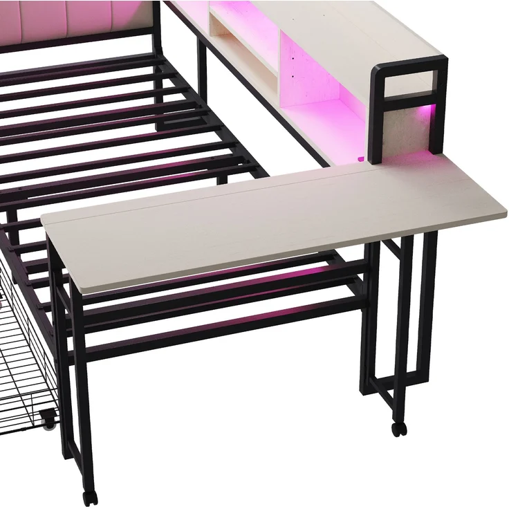 Bett 90x200 cm mit Stauraum und LED-Beleuchtung – Einzelbett aus Metall mit ausziehbarem Schreibtisch – Bild 10