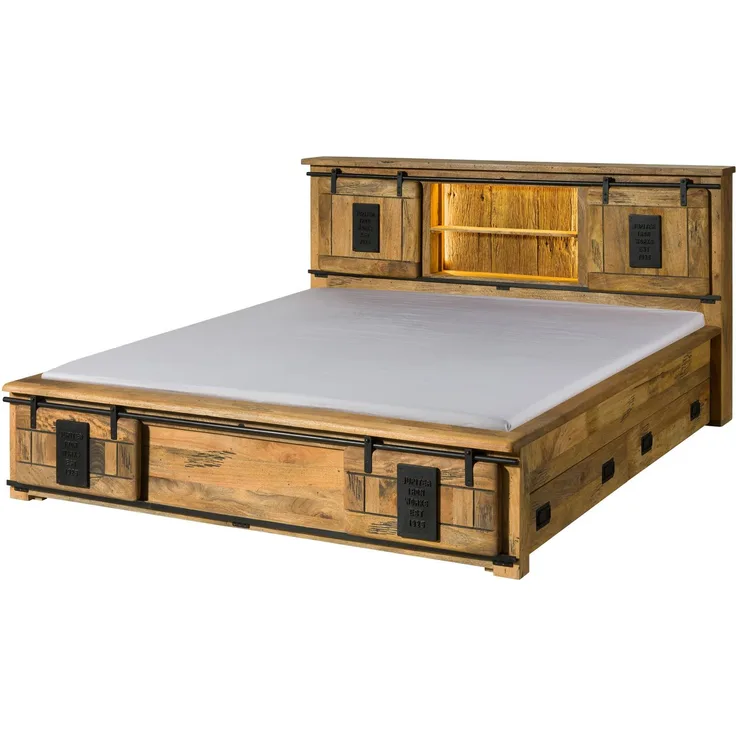 Bett mit Schublade Mango / Altholz 200x200 natur lackiert RAILWAY LUX #110