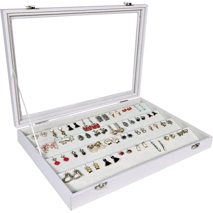 Yudu Schmuckkasten Schmucklade Schmuckkasten Schaukasten mit Glasdeckel Weiss – Bild 1