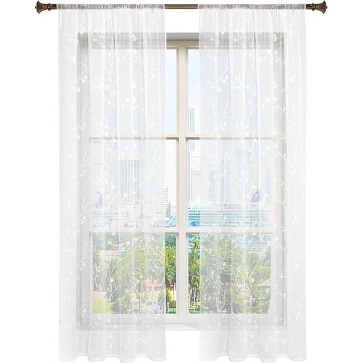 Woltu Gardine (2 St), halbtransparent, transparent Stickerei mit Kräuselband Leinen Optik – Bild 4