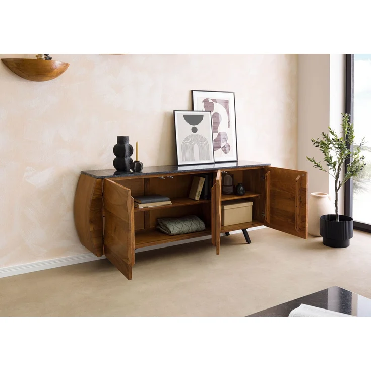 Sideboard Akazie 184x40x75 natur lackiert / Marmor schwarz MONTREAL #127 – Bild 5