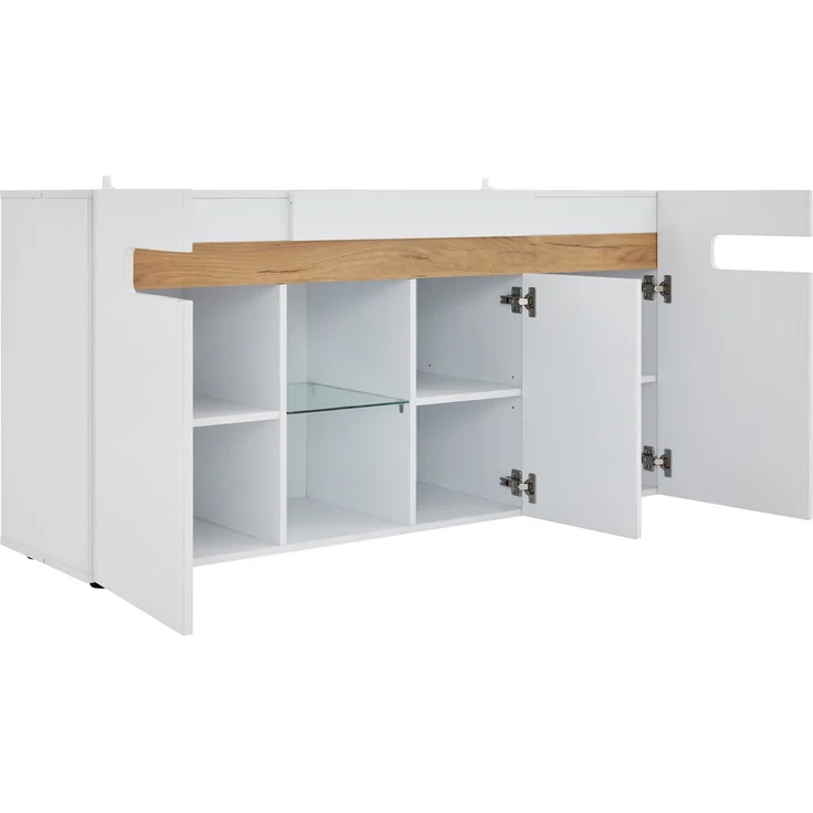 ZUBALIYA Sideboard 140x40x70 cm, mit LED-Beleuchtung, mit App-Steuerung, Hochglanz, aus Spanplatte, Weiß / Natur – Bild 18