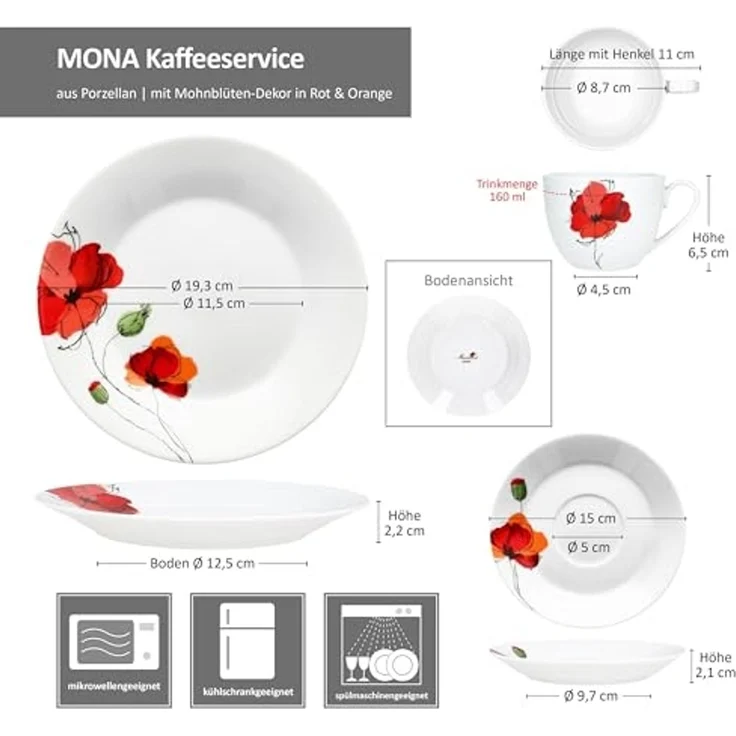 MamboCat Kaffeeservice MamboCat Mona 18tlg Kaffeeservice Mohnblüten Tasse Untertasse Teller, Porzellan – Bild 7
