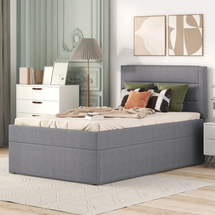 EINHOM Polsterbett, 90 x 200 cm, Einzelbett mit Lattenrost aus Metallrahmen, Großer Stauraum, Geeignet für Erwachsene und Jugendliche, Leinen + MDF, Grau (Ohne Matratze) – Bild 3