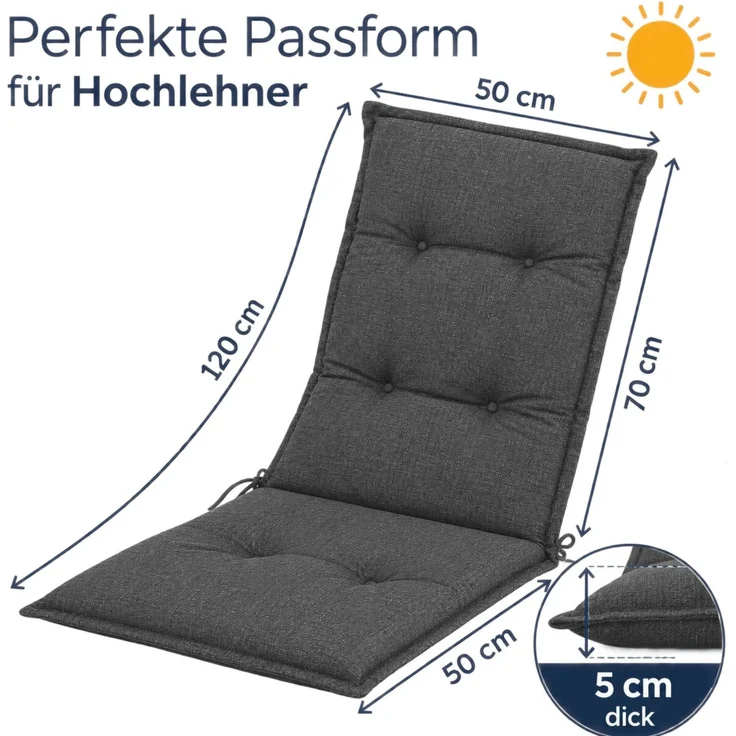BURI 4x Hochlehner Auflage 120x50x5,5 cm - wetterfeste Gartenstuhlauflage mit Schaumkern & Vollvlies, Halteband & Bindebänder, bequemes Stuhlpolster für Balkon, Terrasse & Garten (Anthrazit/Grau) – Bild 2