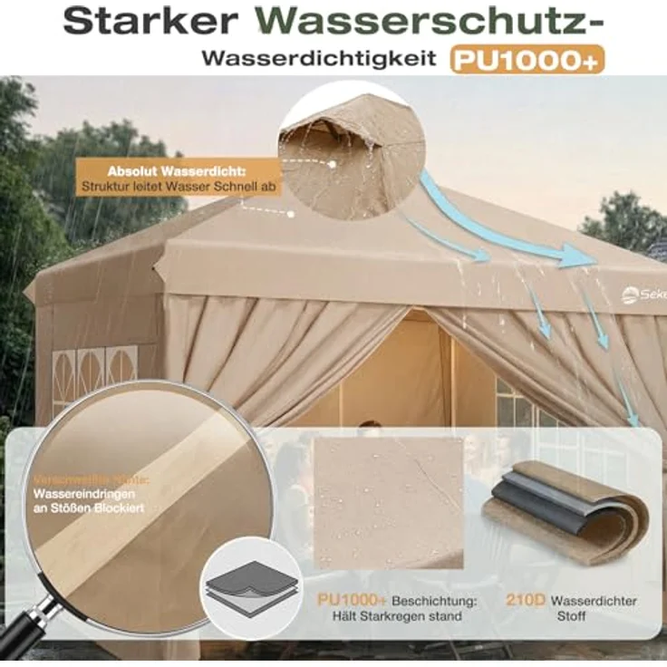 Sekey Pop Up Pavillon Wasserdicht Stabil Winterfest mit Seitenwänden, Faltpavillon 3 x 3 m, Camping Pavillion Faltbar Partyzelt mit Belüftung, Designer Serie 3x3, (Beige, 3x3 Mit Seitenwänden) – Bild 6