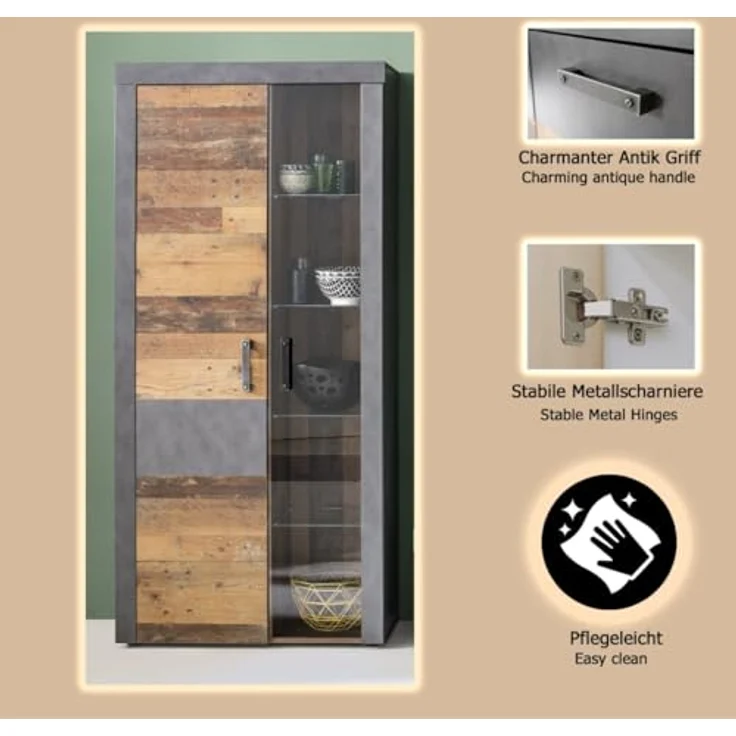 trendteam smart living - Indy - Kommode - Grau/Eiche - Highboard-Schrank mit 2 Türen, 4 Glasböden, 1 Konstruktionsboden und 3 Einlegeböden - (BxHxT) 87 x 189 x 34 cm - antikfarbene Griffe – Bild 7