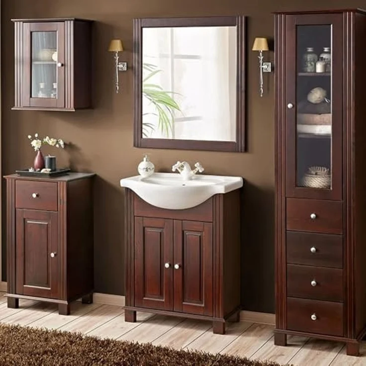 Lomadox Badmöbel-Set AVEIRO-56, (Spar-Set, 5-St), inkl. 65 cm Keramik-Waschbecken Pinie Massivholz braun 226/180/44 cm – Bild 1