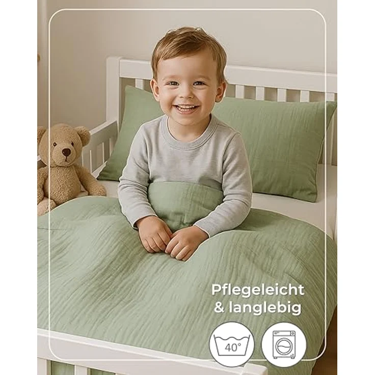 Laynenburg Kinderbettwäsche Musselin 2 teilig aus 100% Baumwolle in 100x135 cm + 40x60 cm, atmungsaktiv & bügelfrei – 3 lagig mit Reißverschluss & Haltebändern – Bild 8