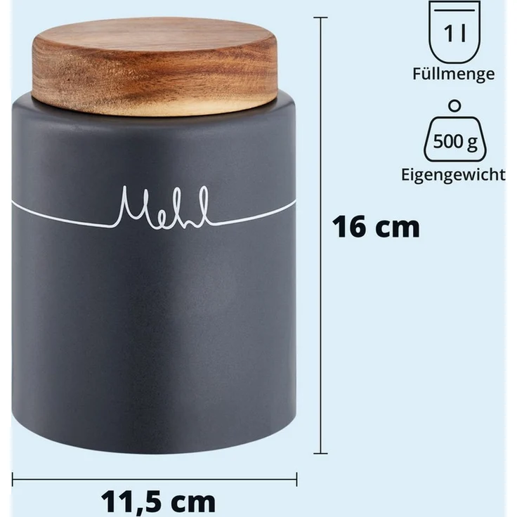 KHG Vorratsdose Mehl aus Steinzeug mit luftdichtem Akazienholz‑Deckel grau, Steingut, Luftdichte Aufbewahrungsdose für Mehl – schützt vor Feuchtigkeit – Bild 3