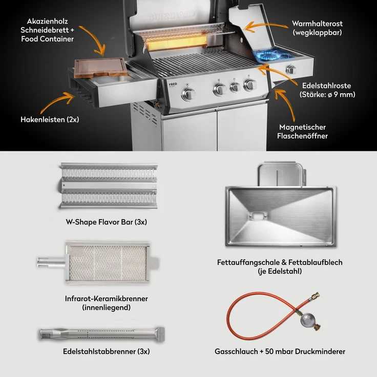 BURNHARD® 'FRED Deluxe' Gasgrill, 3-Brenner, Infrarot-Keramikbrenner, Heckbrenner, Seitenkochfeld, 59 × 41,5 cm Grillfläche – Bild 4