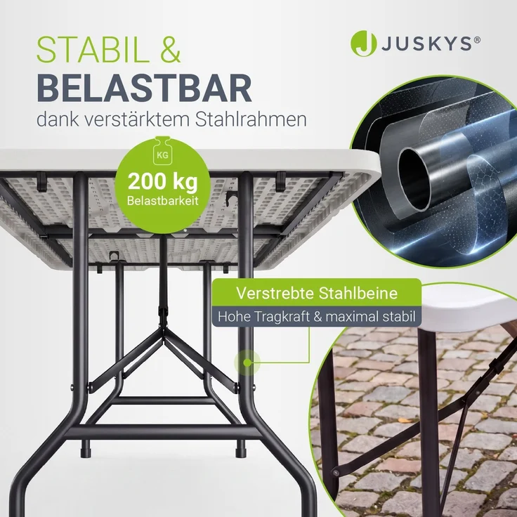 JUSKYS® Klappbarer Gartentisch Easyfold Weiß - Wetterfester, Klapptisch mit Tragegriff, stabiler multifunktionaler Buffettisch, 180x74x74 cm, 200 kg belastbar – Bild 4