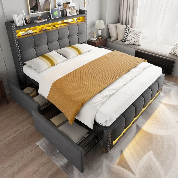 Polsterbett 140x200 mit LED-Beleuchtung, USB-Anschluss & Stauraum, graues Leinenbett mit Schublade,inklusive Taschenfederkern – Bild 4
