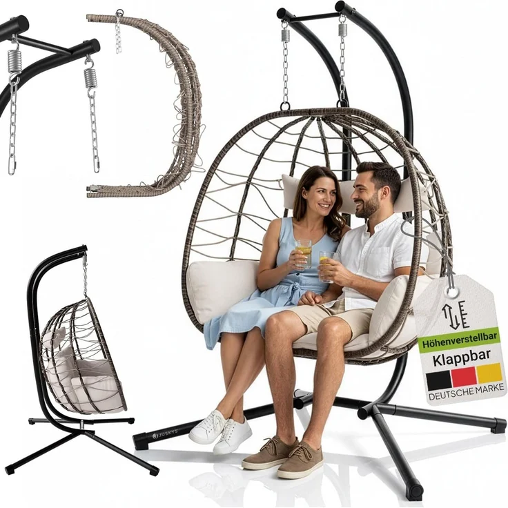 Juskys Doppelhängesessel Aria - Polyrattan Hängesessel mit Gestell & Kissen - Schaukel für zwei Personen - Outdoor Indoor Sessel - XXL Korb Beige – Bild 1