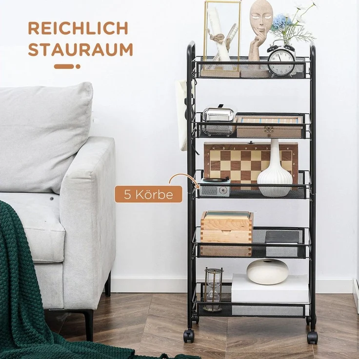 HOMCOM Servierwagen 5-stöckiger, platzsparender Küchenwagen mit Netzkörben, (für Wohnzimmer und Schlafzimmer, 1 St, Aufbewahrungswagen aus Stahl), 45 x 26,5 x 106 cm, Schwarz – Bild 3