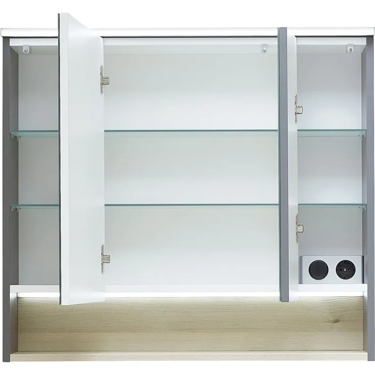 Pelipal Spiegelschrank Quickset 25-II, 80 cm mit LED-Kranzbeleuchtung und Quarzgrau Farbgebung, 3 Spiegeltüren, offenes Fach mit Beleuchtung, 6 Glaseinlegeböden