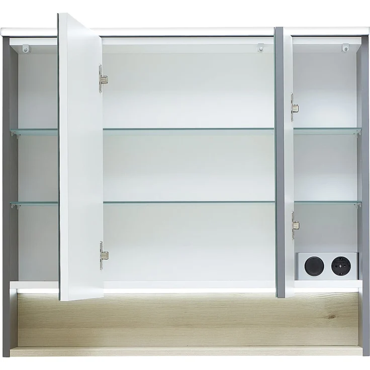 Pelipal Spiegelschrank Quickset 25-II, 80 cm mit LED-Kranzbeleuchtung und Quarzgrau Farbgebung, 3 Spiegeltüren, offenes Fach mit Beleuchtung, 6 Glaseinlegeböden