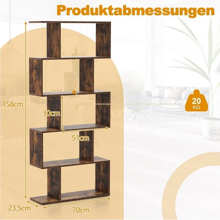 COSTWAY Bücherregal, Raumteiler mit 5 Ebenen, 70 x 23,5 x 158 cm – Bild 2