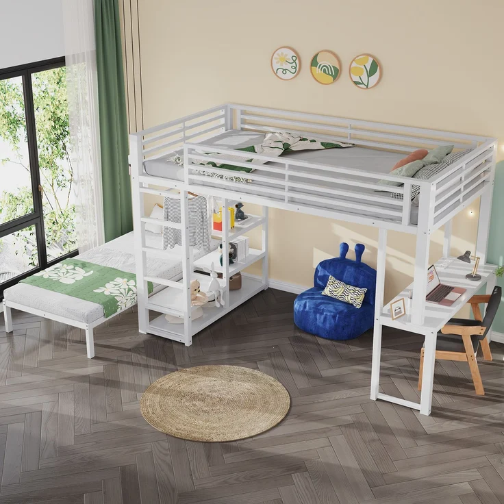 Hochbett 90×200 cm mit EN747-Schutz, Schreibtisch, Weiß, ohne Matratze – Bild 3