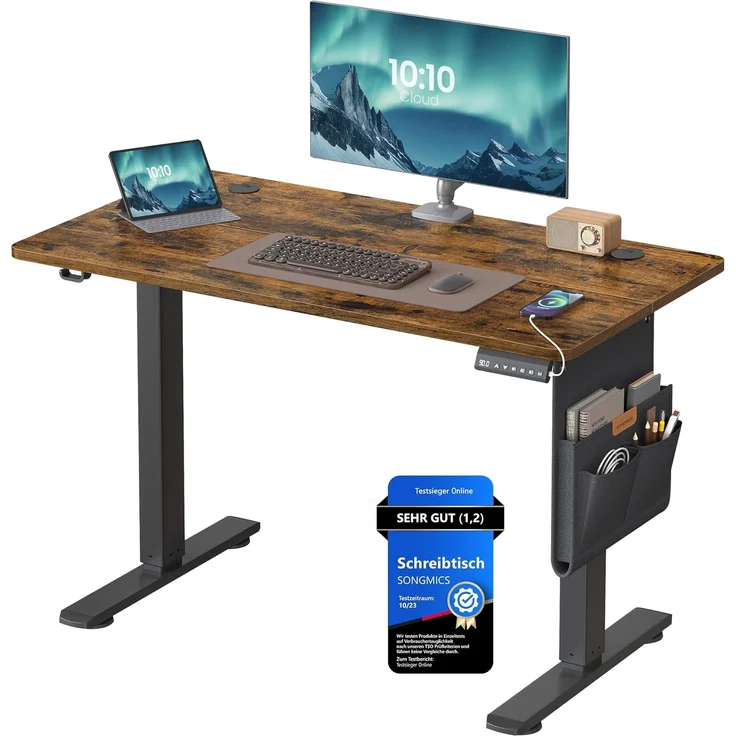 SONGMICS Höhenverstellbarer Schreibtisch elektrisch, 100x60 cm, Verstellbarer Tisch, Memory-Funktion für 4 Höhen, für Büro, vintagebraun LSD130KD01 – Bild 1