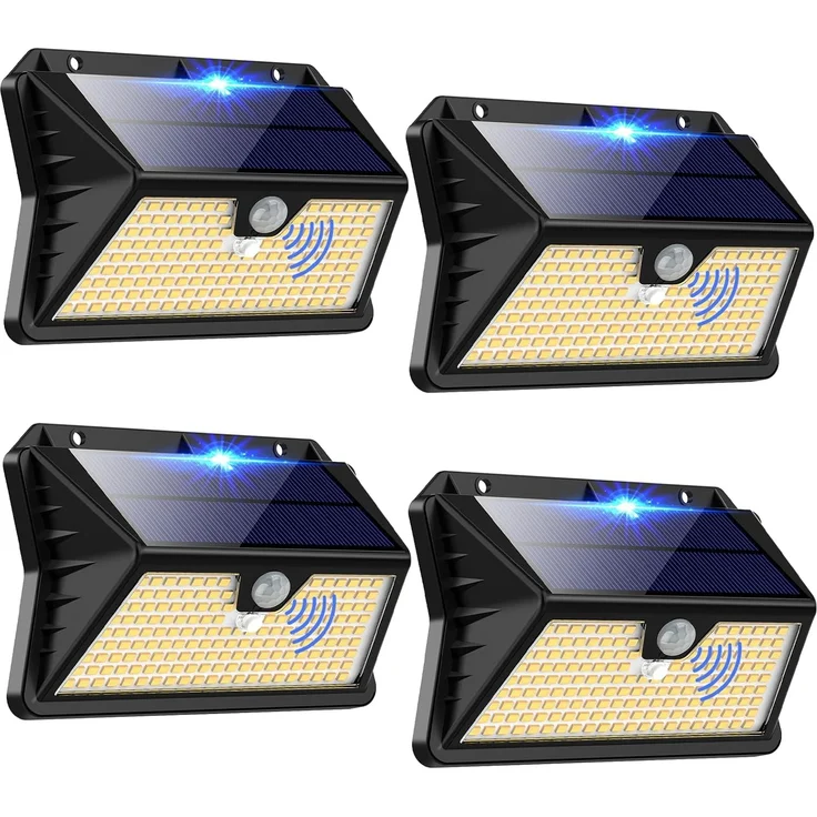 OUILA Solarlampen für Außen mit Bewegungsmelder, 【4 Stück】 185 LED 3 Modi Solarleuchten für Außen IP65 Wasserdichte, LED Außenwandleuchten für Wandleuchte, Garten, Hof, Garage, Haustüren（Warmweiß）