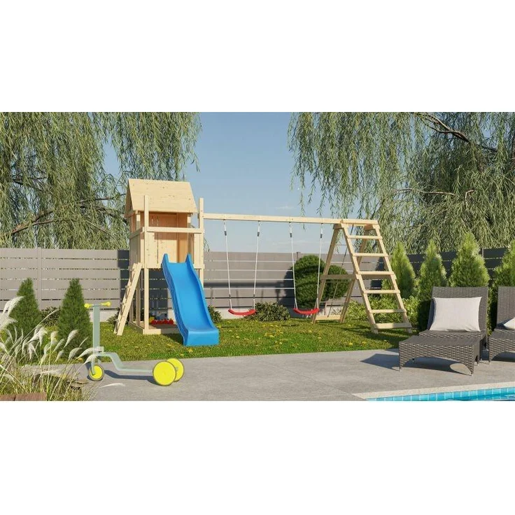 Karibu Kinderspielhaus Frieda Set Aktion2 naturbelassen mit Anbau, Doppelschaukel, Klettergerüst und Rutsche blau – Bild 15