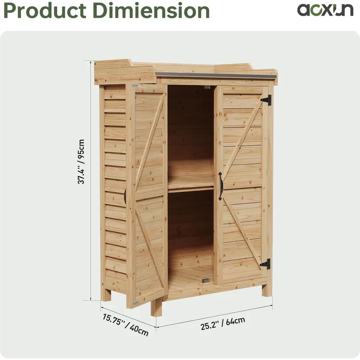 Aoxun Gartenschrank Holz, Pflanztisch mit Geräteschrank Schrank, Doppeltür, Seitenhaken und verstellbarem Regal, Gerätehaus, Gartenschuppen für Garten Terrasse, 64 x 40 x 95cm, Burlywood – Bild 2
