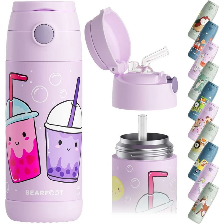 BEARFOOT Trinkflasche Thermo Kinder Trinkflasche Edelstahl - BubbleTea lila, Thermosflasche, auslaufsicher, Edelstahl, Kinderflasche, BPA-frei – Bild 1