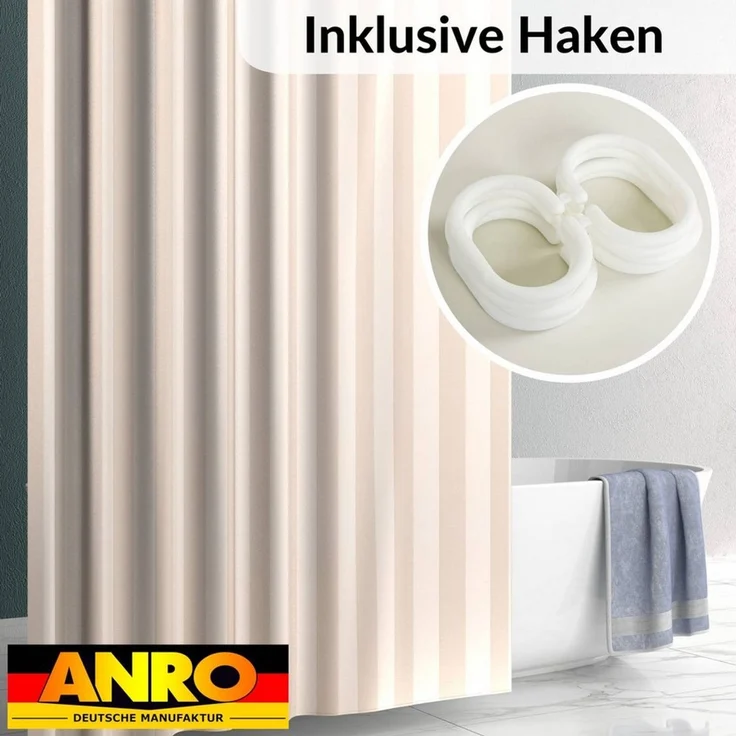 ANRO Duschvorhang aus Italien hochwertiger Badevorhang Textil mit Ösen und Haken Breite 120 cm (Packung, 1-tlg, Duschvorhang inkl. Aufhängeringe), robuster Vorhang Stangenaufhängung in Größe 200x120cm in natur – Bild 2