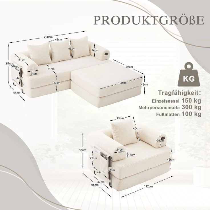 ZUBALIYA Ecksofa 94x67 cm, mit Ablageflächen, mit Cordbezug, mit breiten Armlehnen, modular aufgebaut, mit Schaumstoffpolsterung – Bild 2