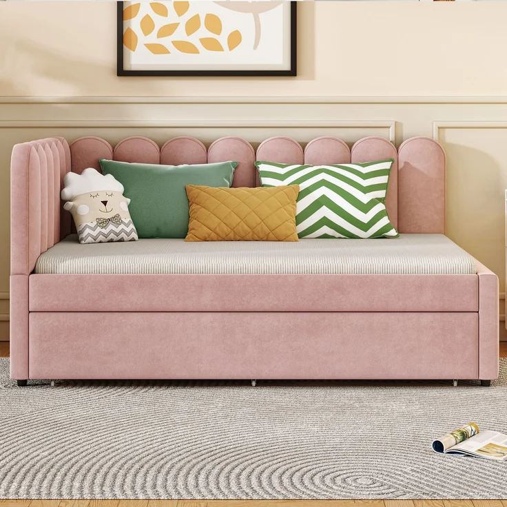Polsterbett 140x200 cm aus Samt mit Ausziehbett – L‑förmiges Schlafsofa mit blütenförmiger Rückenlehne – Bild 6