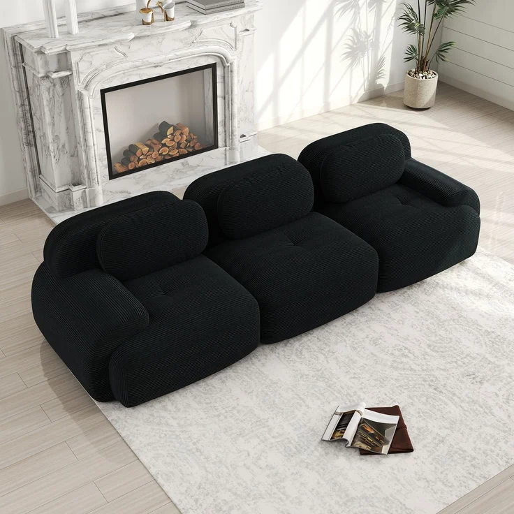 3-Sitzer-Sofa aus Premium-Cordstoff,modular kombinierbar rutschfest ohne Montage ergonomische Armlehnen und hochelastische Polsterung für Wohnzimmer und Schlafzimmer,Premium-Cordstoff,Black, – Bild 3