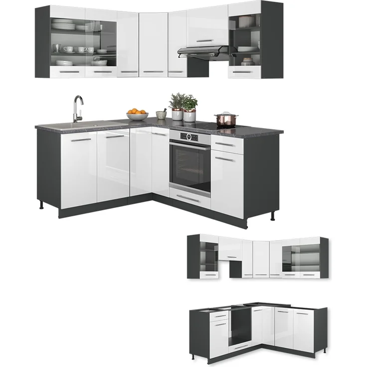 Eckküche Fame-Line Weiß Hochglanz/Anthrazit 190 x 160 cm ohne Arbeitsplatte Vicco – Bild 6