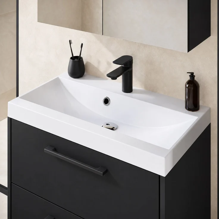Badmöbel Komplettset Florence 60 x 35 cm Schwarz Matt - Badezimmermöbel mit Waschbecken, Spiegel und Badezimmerschrank – Bild 4