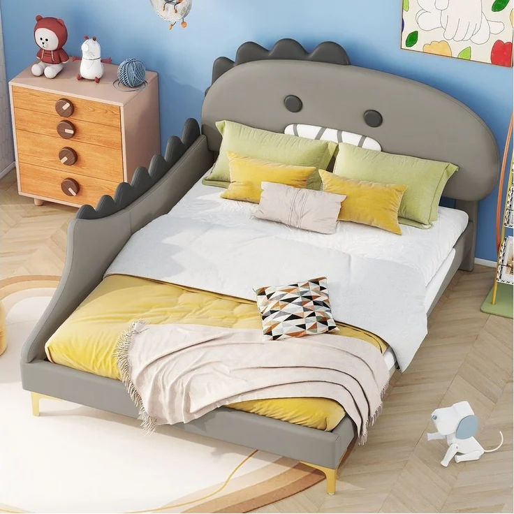 Flieks Polsterbett, Kinderbett 140x200cm mit Cartoon Dinosaurier Form Kopfteil Kunstleder – Bild 1